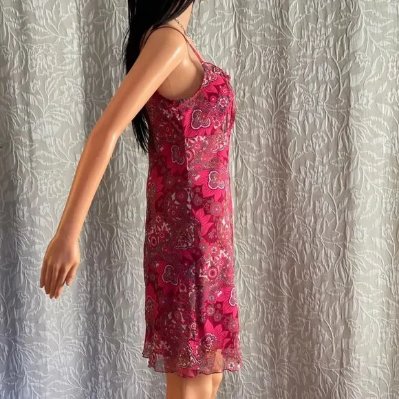 Vintage 90s California Concepts Pink Paisley Mesh Overlay Milkmaid Dress Size M - Picture 5 of 8